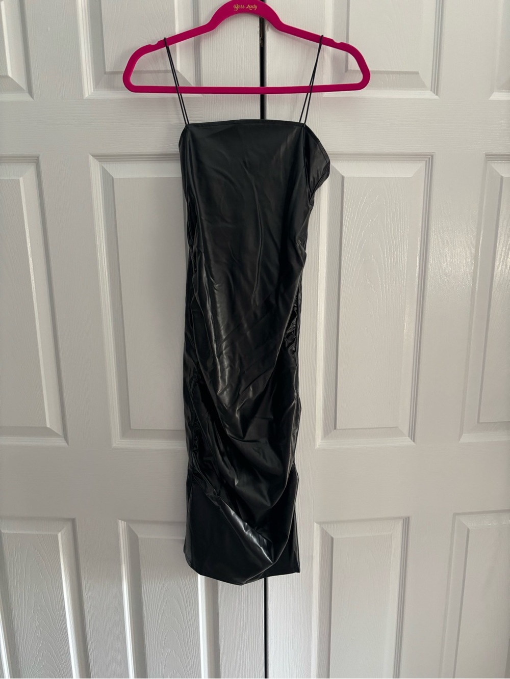 superdown Black Satin Slip Midi Dress with Spaghetti Straps faux leather